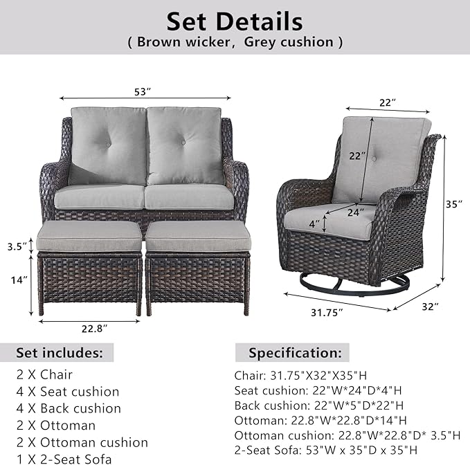 5-Piece Outdoor Patio Furniture Set - Wicker Furniture Patio Conversation Set, Outdoor Swivel Rocker Chairs with Loveseat Sofa and 2 Ottomans for Small Space, Gray Cushion