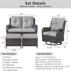 5-Piece Outdoor Patio Furniture Set - Wicker Furniture Patio Conversation Set, Outdoor Swivel Rocker Chairs with Loveseat Sofa and 2 Ottomans for Small Space, Gray Cushion