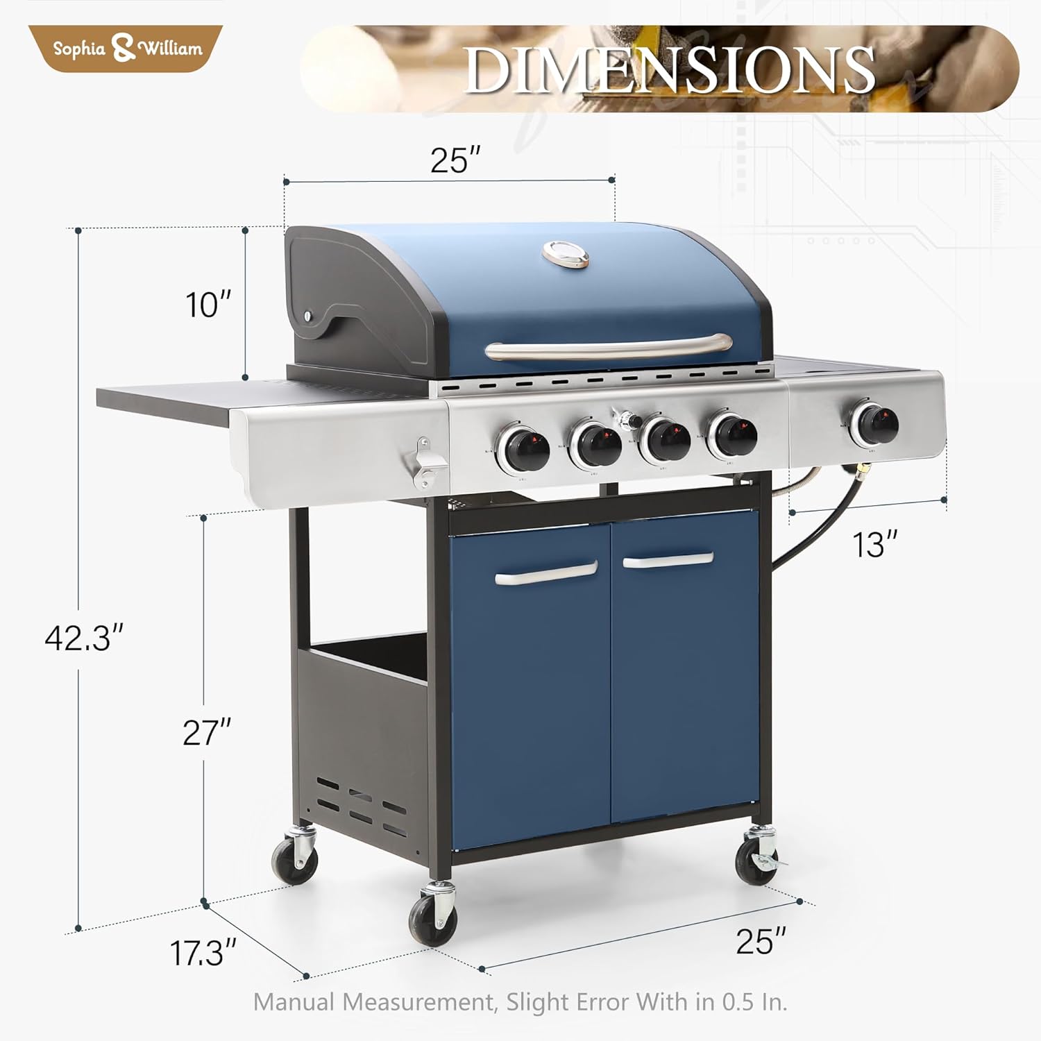 Sophia & William 4-Burner Gas BBQ Grill with Side Burner and Porcelain-Enameled Cast Iron Grates, 42,000BTU Propane Grills Outdoor Cooking Barbecue Cabinet Style, Blue