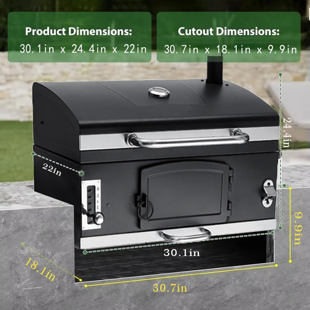 29 In Large Charcoal BBQ Grills, built-in barbecue grill with Liftable Tray, Insulated Hood & Temp Gauge, black Stainless Steel Charcoal BBQ barrel Grill for Outdoor Kitchen Camping park style