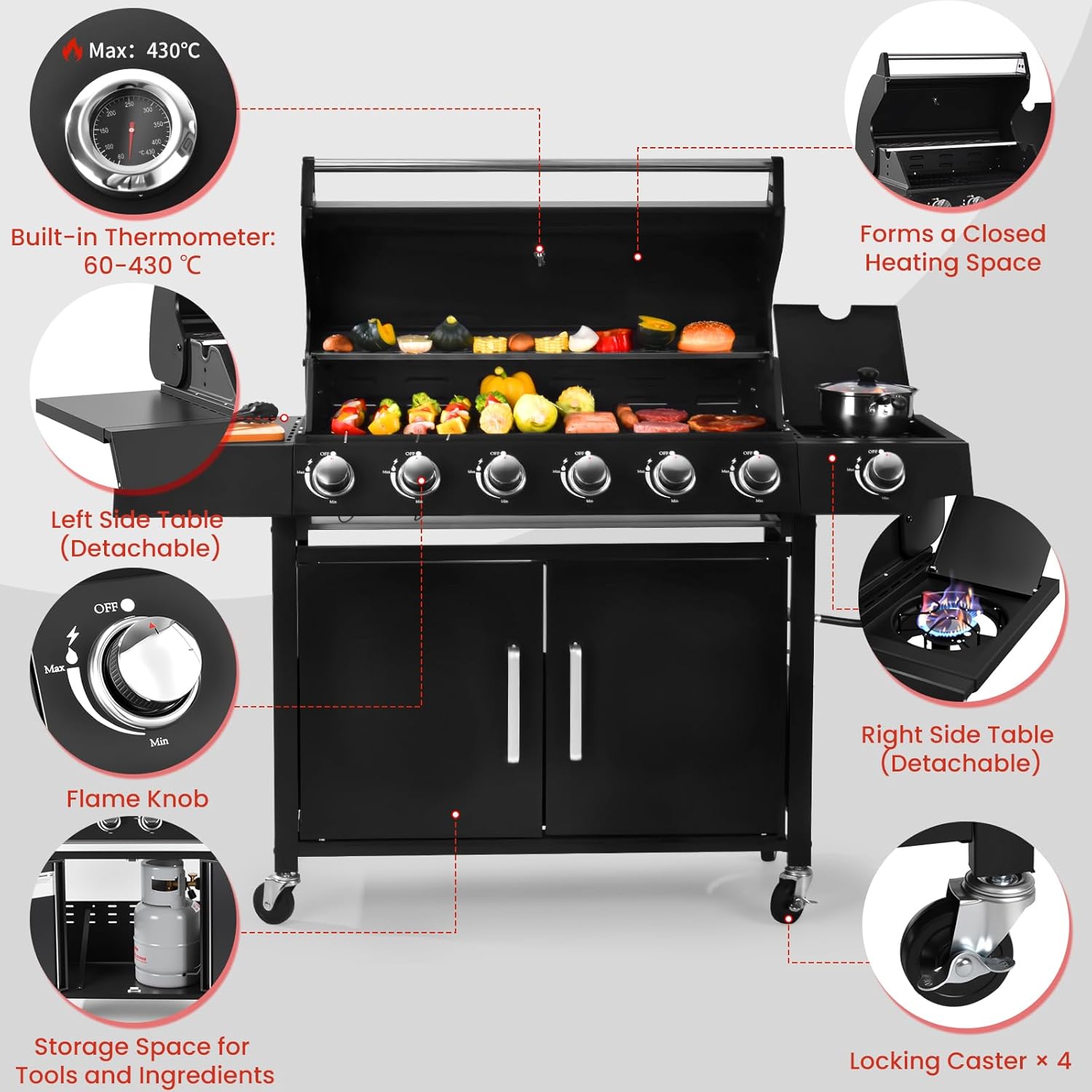 Q032-6-Burner w/Side Burner Gas Grill with 403 SQ.IN. Outdoor Grill with 60,000 BTU, Propane Grills with Top Cover Lid, Grills Outdoor Cooking for Patios, Balcony, Camping, Garden