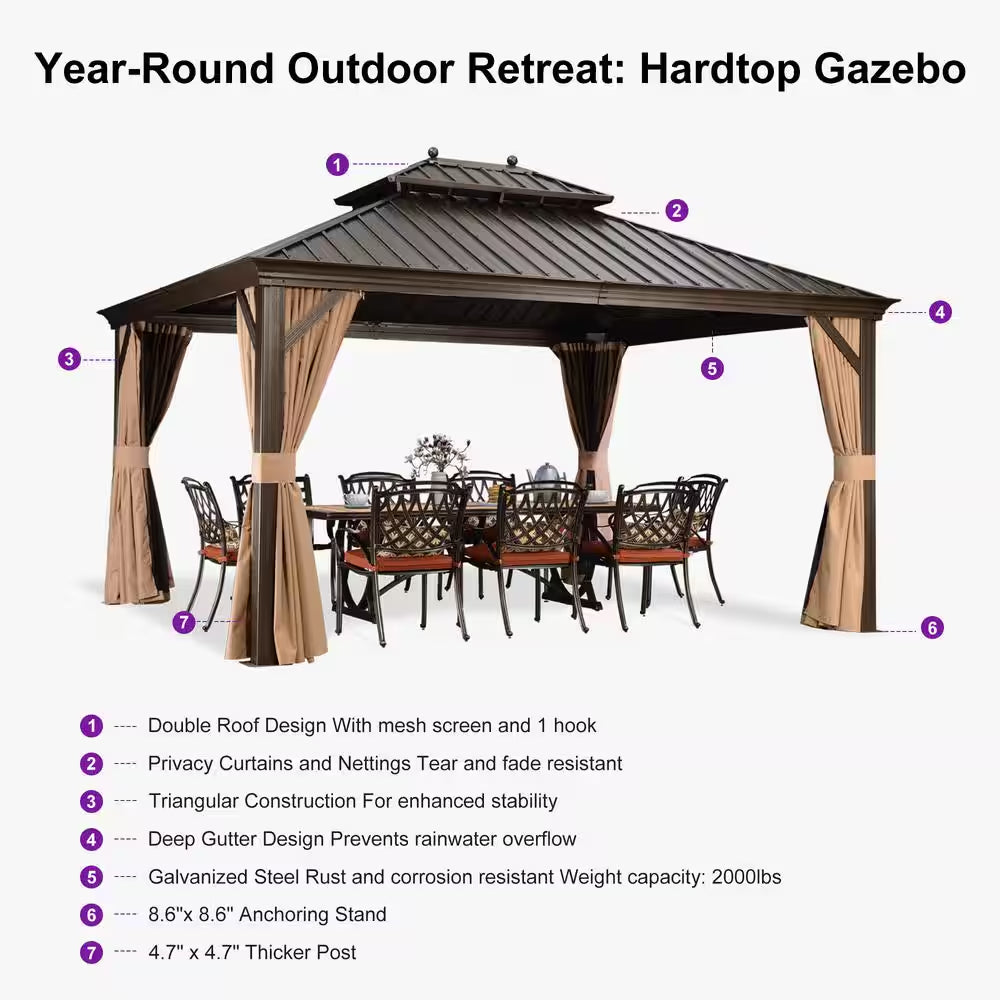 10 Ft.X 14 Ft.Bronze Aluminum Power-Coated Frame Galvanized Steel Double Roof Hardtop Gazebo,Hooks,Netting,Khaki Curtain