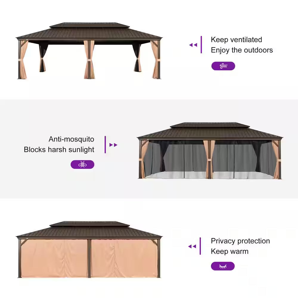 14 Ft. X 28 Ft. Bronze Patio Outdoor Gazebo for Backyard Hardtop Aluminum Frame, Hooks,Netting, Khaki Curtain, 48-Lights