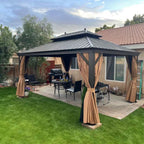 11 Ft.X 15 Ft.Bronze Aluminum Power-Coated Frame Galvanized Steel Double Roof Hardtop Gazebo,Hooks,Netting,Khaki Curtain