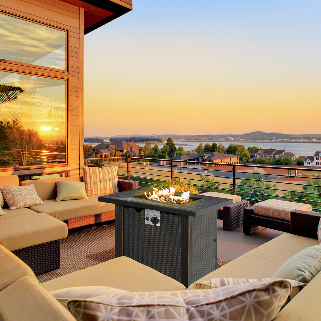 30 Inch Outdoor Propane Gas Fire Pit Table, 50,000 BTU Auto-Ignition Square Wicker-Effect Gas Firepit with Ceramic Tabletop, Lid, Lava Rocks & Rain Cover, CSA Certification