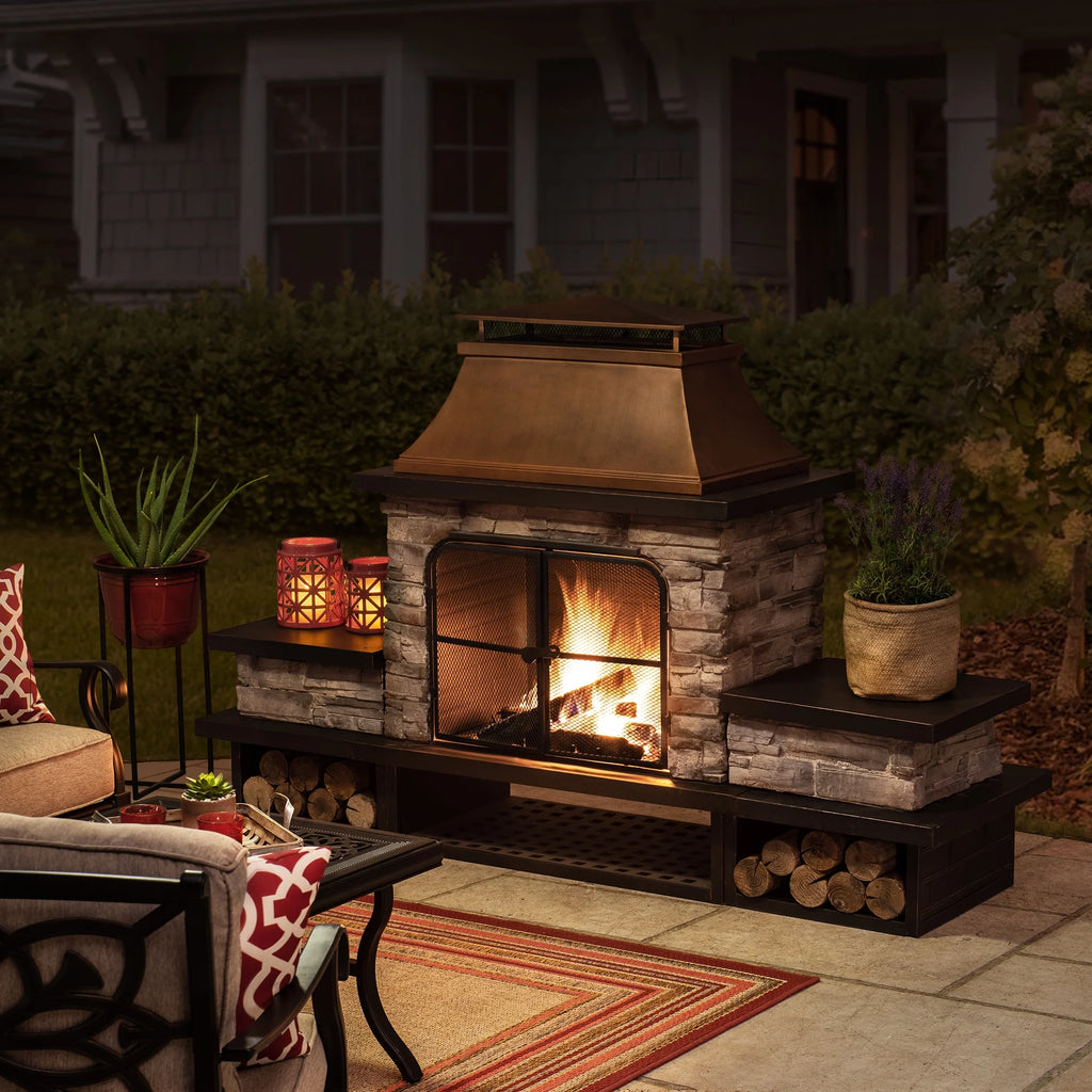 Outdoor 48 Inch Steel Wood Burning Stone Fireplace with Fire Poker and Removable Grate