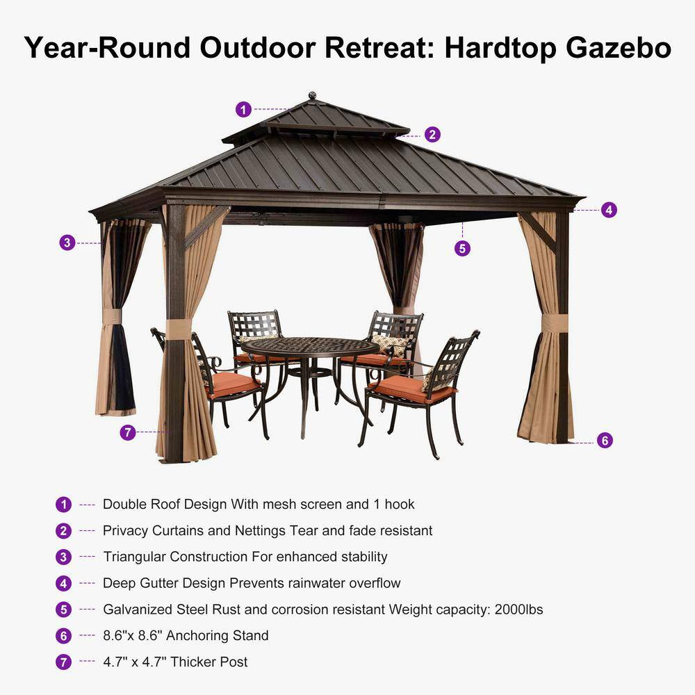 13 Ft. X 13 Ft. Bronze Patio Outdoor Gazebo Backyard Hardtop Aluminum Frame Hooks, Netting, Khaki Curtain, 24-Lights