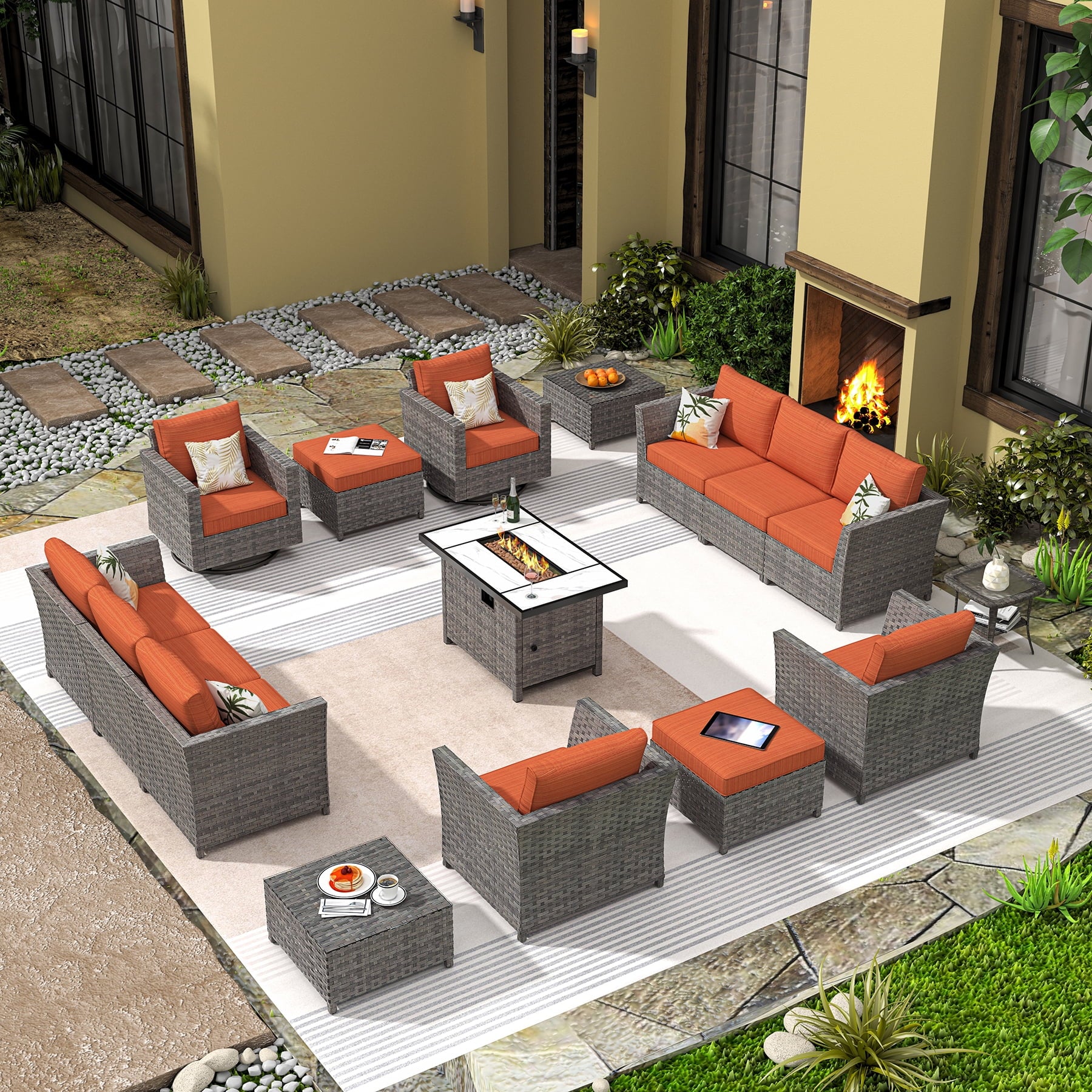 16 Pieces Outdoor Furniture All-Weather Patio Conversation Set Wicker Sectional Sofa with Gas Fire Pit Swivel Rocking Chair,Orange Cushion