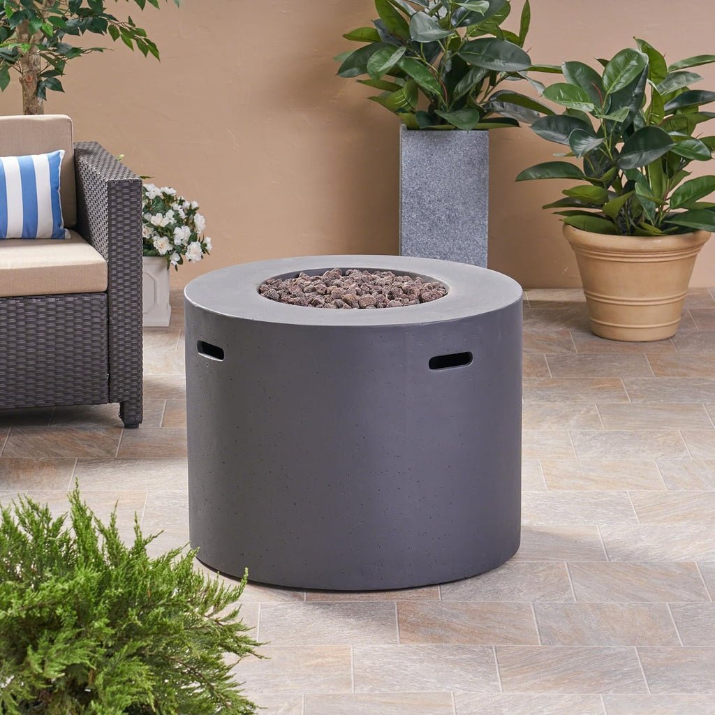 Aidan Outdoor Patio Modern 31" round Light Weight Concrete Gas Burning Fire Pit, Dark Gray