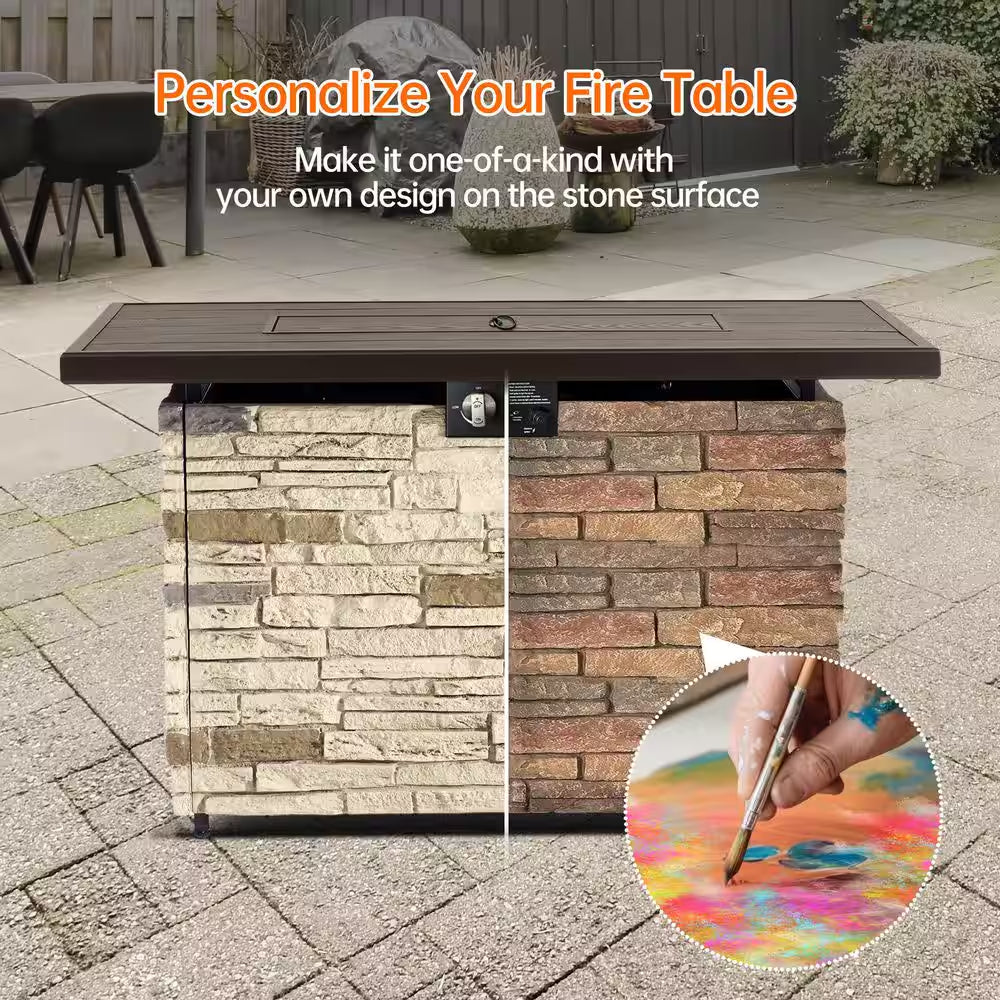 43 In. Propane Fire Pit Table Outdoor Stone Firepit Table Rectangular 50000 BTU Propane Fire Tables-Buff