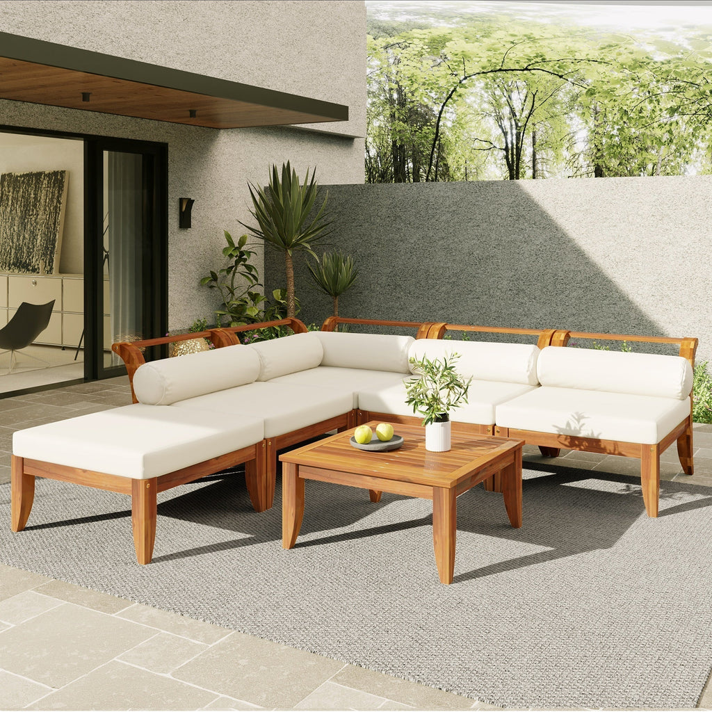 6- Piece Acacia Wood Outdoor Modular Sectional with Daybed and Tea Table
