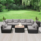 Outdoor Patio Furniture Set Wicker Rattan Patio Conversation Set with Fire Pit Table Sectional Sofa Set Seating Furniture with Thickened Cushion (Light Gray - Rectangular Fire Pit Table)