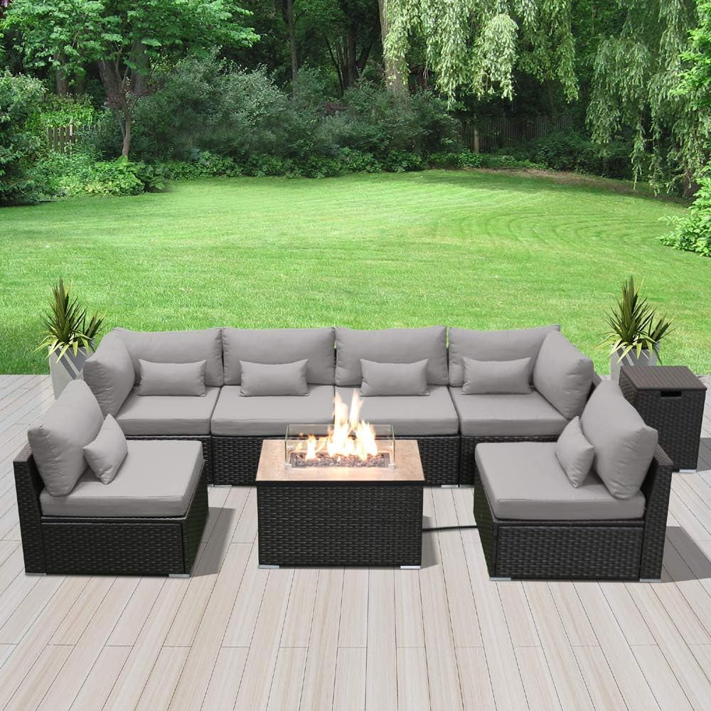 Outdoor Patio Furniture Set Wicker Rattan Patio Conversation Set with Fire Pit Table Sectional Sofa Set Seating Furniture with Thickened Cushion (Light Gray - Rectangular Fire Pit Table)