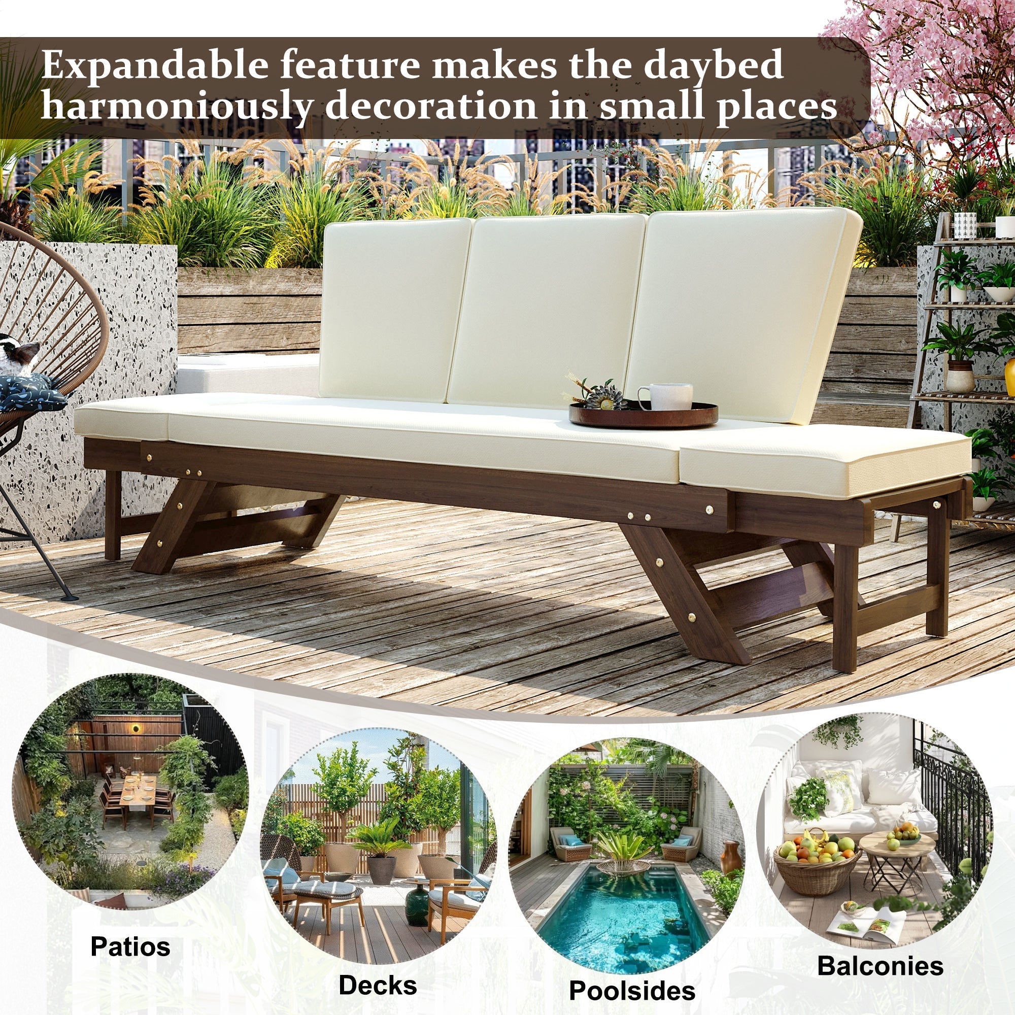 Outdoor Adjustable Patio Wooden Daybed Sofa Chaise Lounge