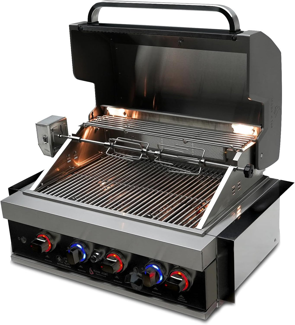 Premium 32"W X 23"D X 21"H Black Stainless Steel 4-Burner 63000 Btus Outdoor Kitchen Kitchen Island Heavy Duty Propane Built-In BBQ Gas Grill Head with Infrared Rear Burner + Rotisserie Kit