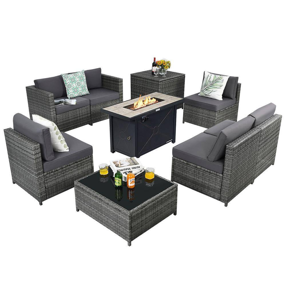 9-Pieces Patio Rattan Furniture Set Fire Pit Table Storage Grey with Cover Grey