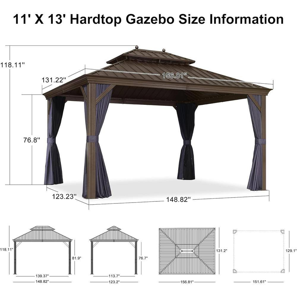 11 Ft. X 13 Ft. Bronze Patio Outdoor Gazebo Backyard Hardtop Aluminum Frame with Hooks, Netting Blue Curtain 24-Lights