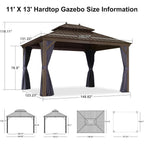 11 Ft. X 13 Ft. Bronze Patio Outdoor Gazebo Backyard Hardtop Aluminum Frame with Hooks, Netting Blue Curtain 24-Lights