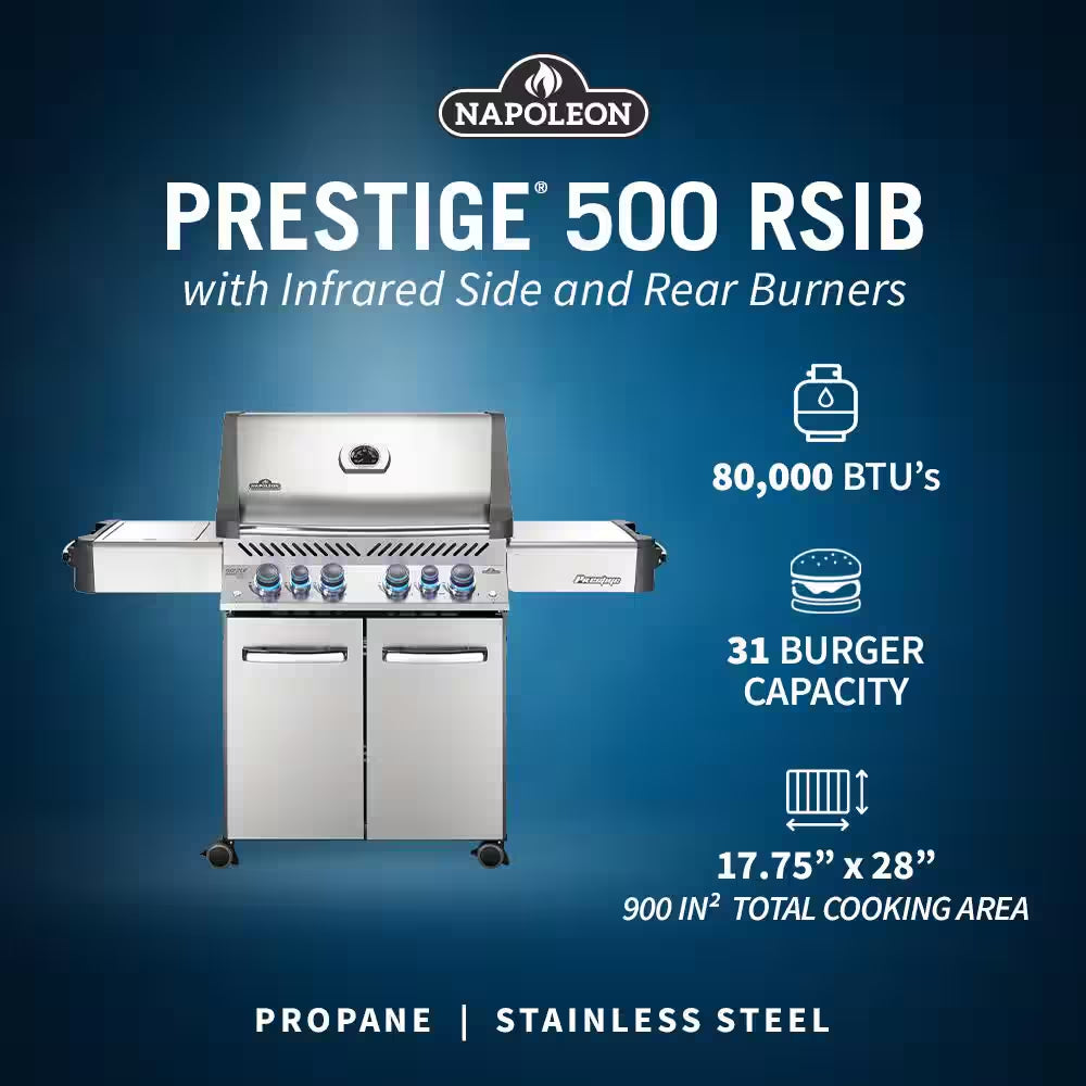 Prestige 500 4-Burner Propane Gas Grill in Stainless Steel with Infrared Side and Rear Burners and Rotisserie Kit