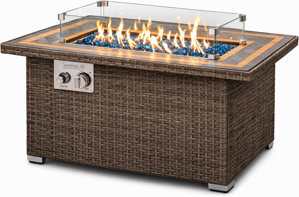 Outdoor Propane Fire Pit Table, 50,000 BTU Wicker Gas Firepit with Tile Tabletop, with Glass Wind Guard and Decorative Glass Stones, CSA Certified, Weatherproof Cover, 43"X27"X25"