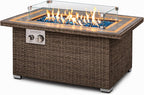 Outdoor Propane Fire Pit Table, 50,000 BTU Wicker Gas Firepit with Tile Tabletop, with Glass Wind Guard and Decorative Glass Stones, CSA Certified, Weatherproof Cover, 43"X27"X25"