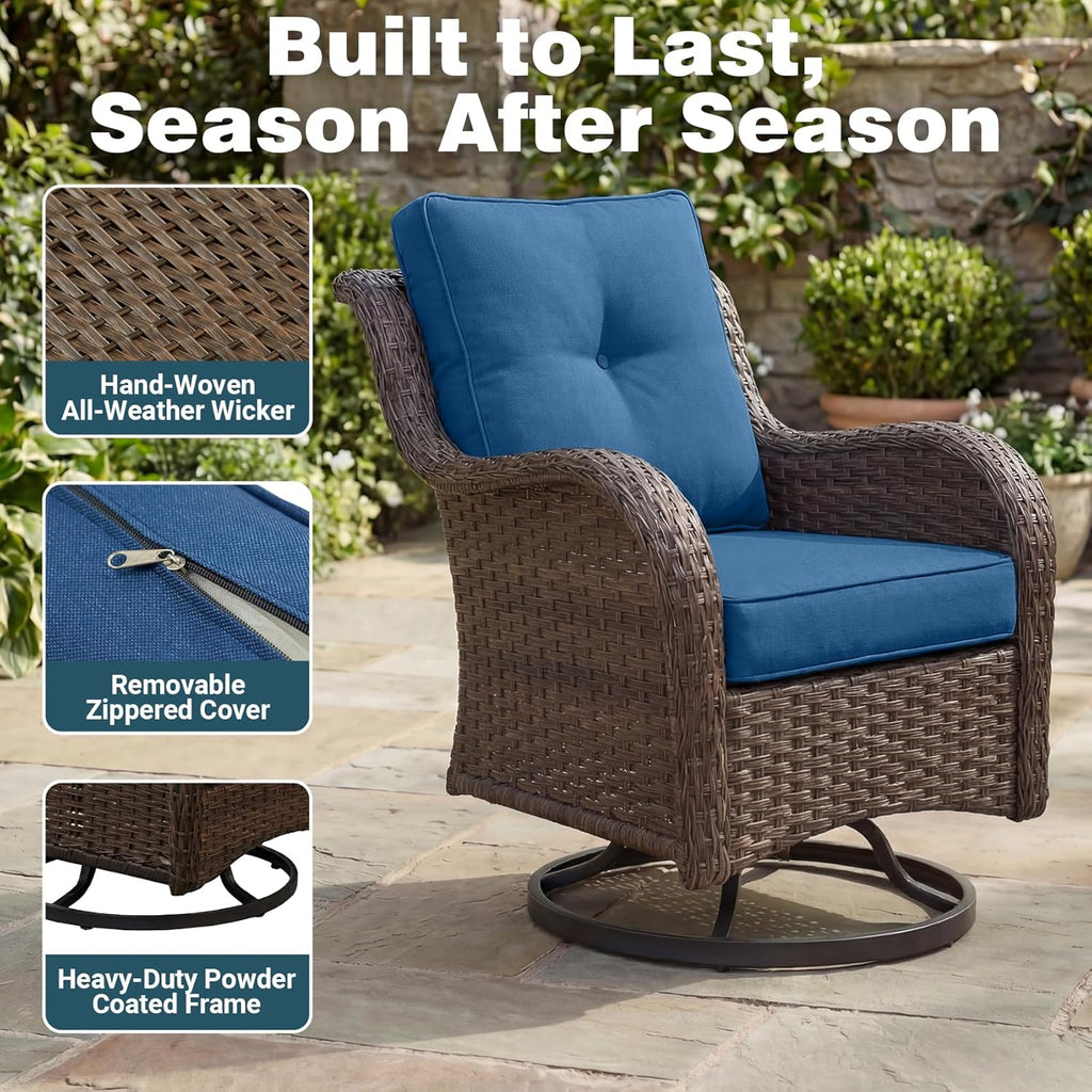 Patio Furniture Set, 7PCS Outdoor Wicker Conversation Set with 6" Thick Cushions, High Back Rattan Sofa & Swivel Rocker Chairs, Weather Resistant Olefin Fabric for Garden, Poolside, Navy Blue