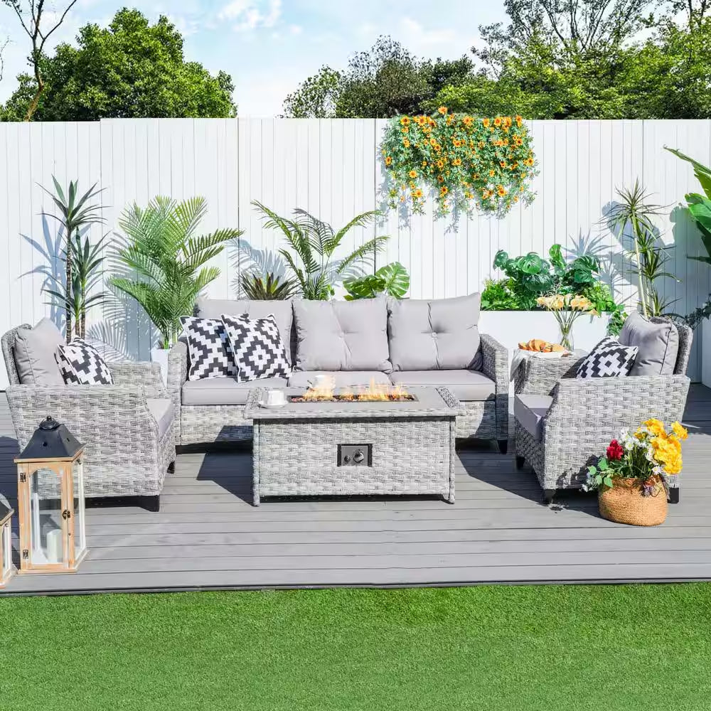 Grice 5-Piece Wicker Patio Conversation Set with Gas Fire Pit Table and Gray Cushions