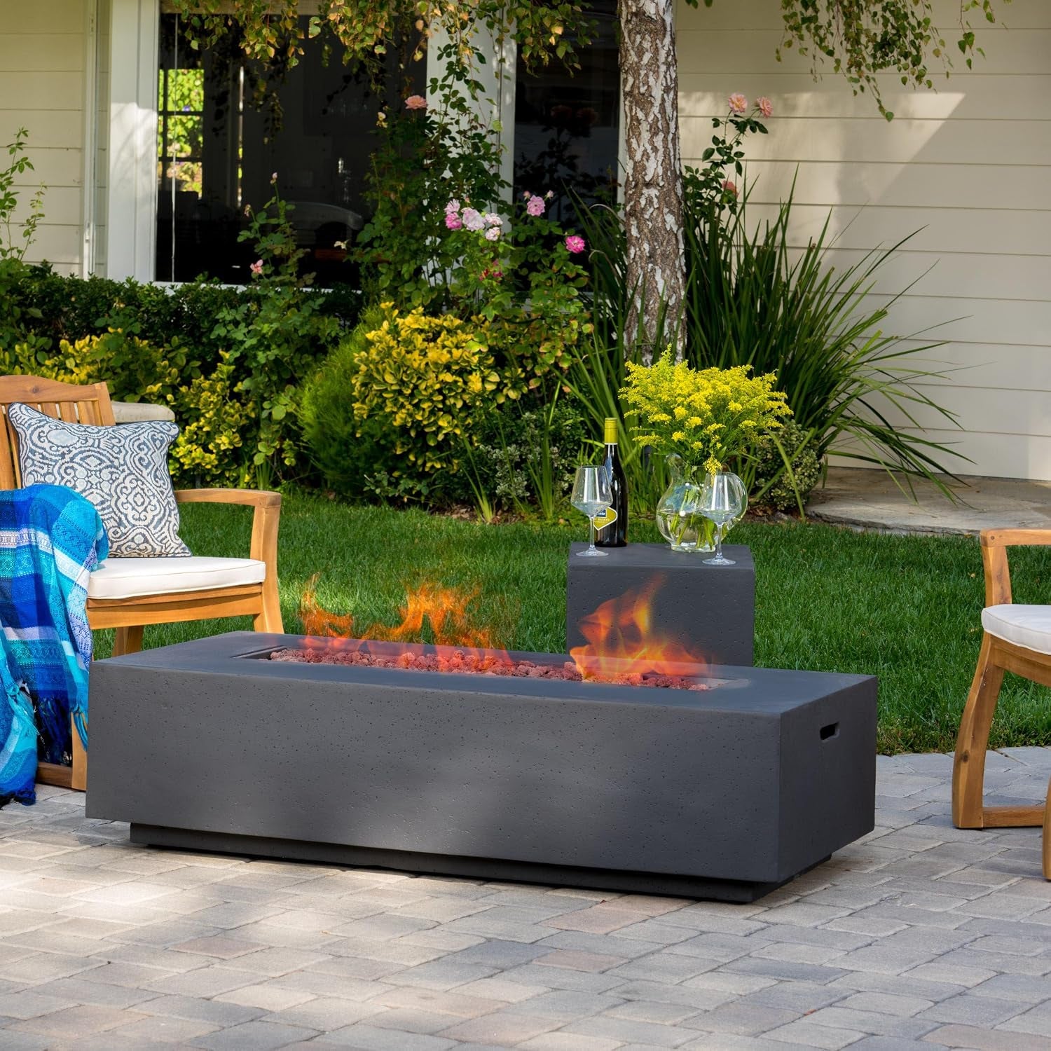 Outdoor Lightweight Concrete 50,000 BTU Rectangular Fire Pit with Tank Holder, Dark Gray