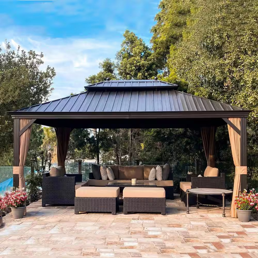 12 Ft.X 14 Ft.Bronze Aluminum Power-Coated Frame Galvanized Steel Double Roof Hardtop Gazebo,Hooks,Netting,Khaki Curtain