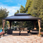 12 Ft.X 14 Ft.Bronze Aluminum Power-Coated Frame Galvanized Steel Double Roof Hardtop Gazebo,Hooks,Netting,Khaki Curtain