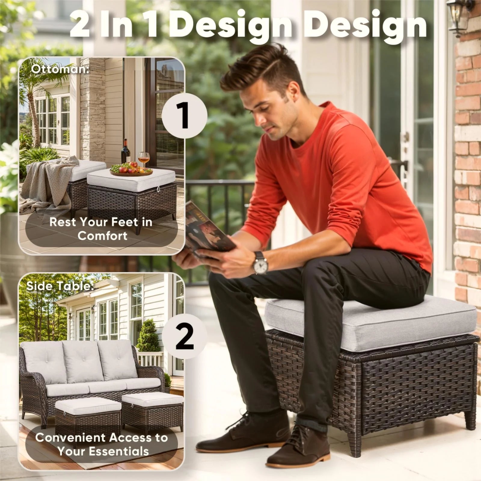 5-Piece High Back Outdoor Wicker Conversation Set with Swivel Chairs, Ottoman & 50,000 BTU Fire Pit Table - Patio Furniture Set for Deck, Porch, Poolside