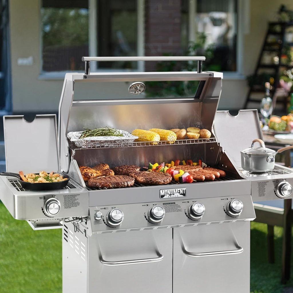 Larger 4-Burner Propane Gas Grills Stainless Steel Cabinet Style with Infrared Side Sear & Side Burners Knob Controls Built-In Thermometer with Stainless Steel Rotisserie Kit(2 Items)