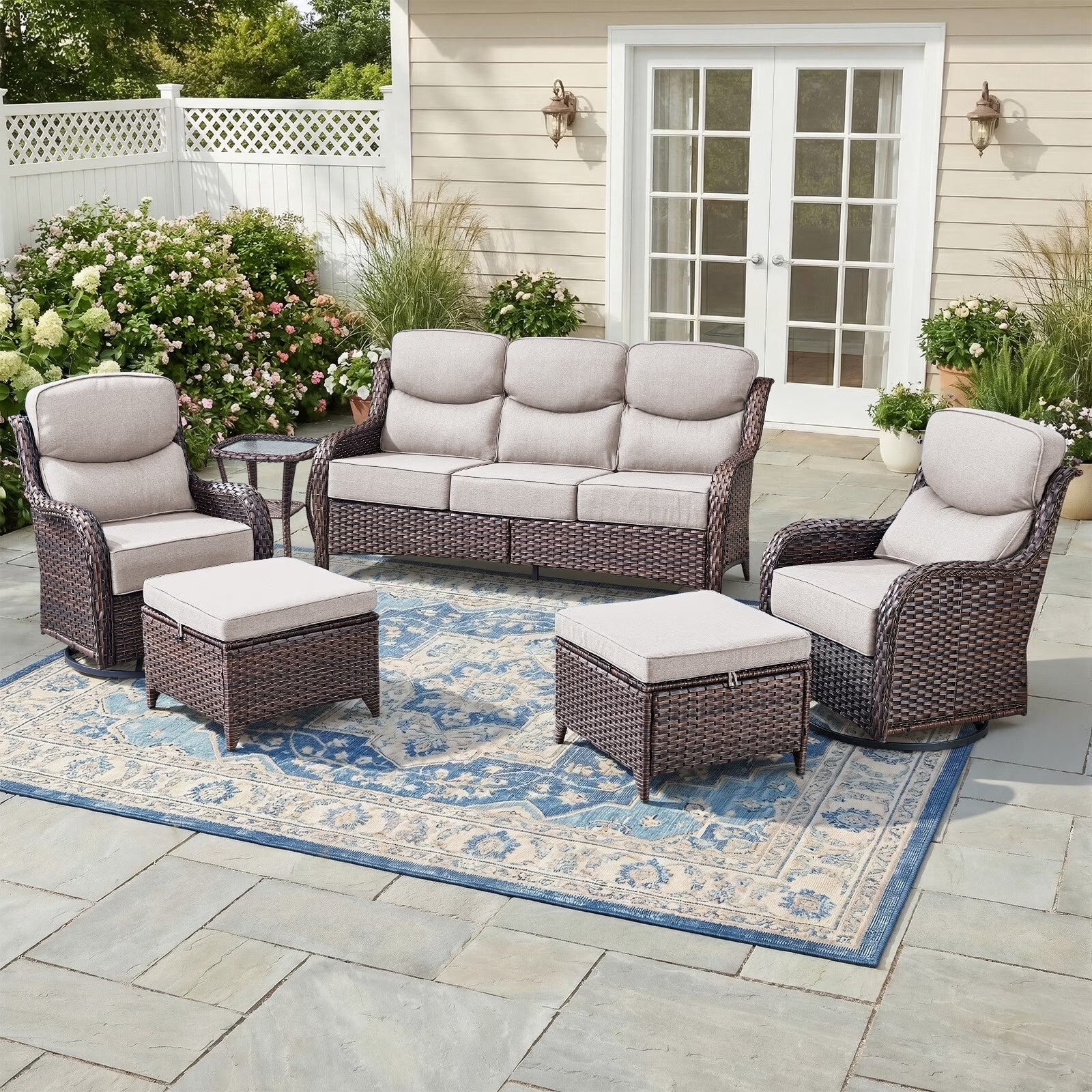 6 Pieces Luxury Outdoor Patio Furniture Sets Outdoor Conversation Sets with Swivel Rocker Patio Chairs with 6" Thick Cushion,Sofa and Glass Coffee Table for Porch Deck Backyard Poolside