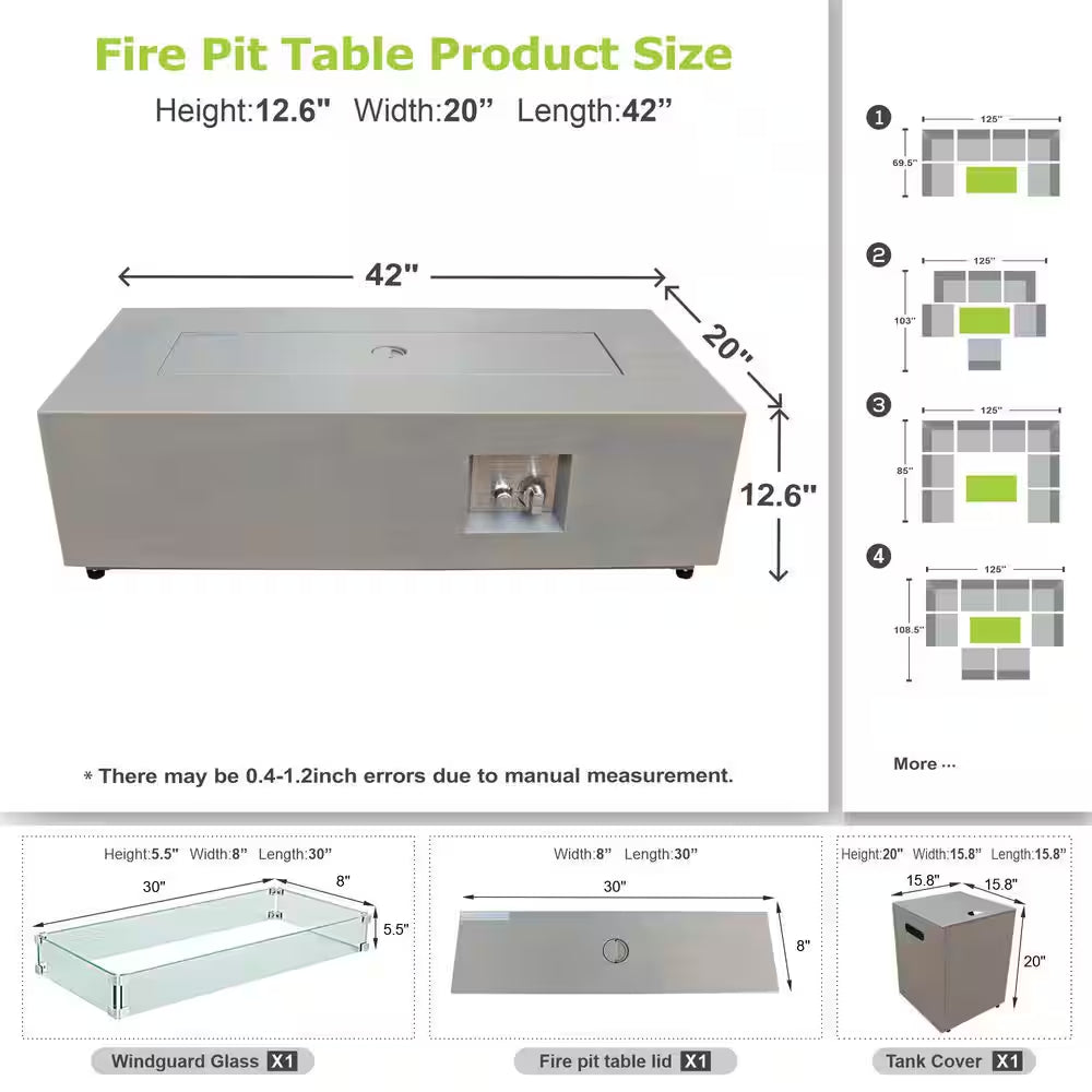 42 In. 50,000 BTU Rectangle Outdoor Propane Gas Fire Pit Table in Gray with Golden LED Light