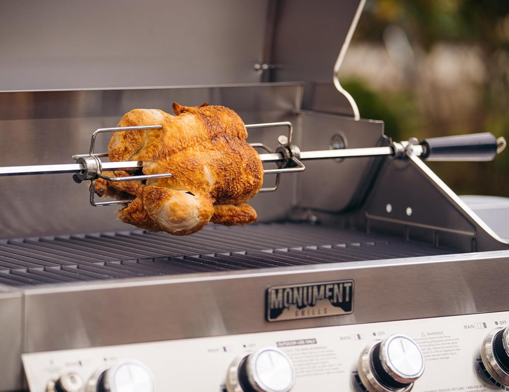 Larger 4-Burner Propane Gas Grills Stainless Steel Cabinet Style with Infrared Side Sear & Side Burners Knob Controls Built-In Thermometer with Stainless Steel Rotisserie Kit(2 Items)