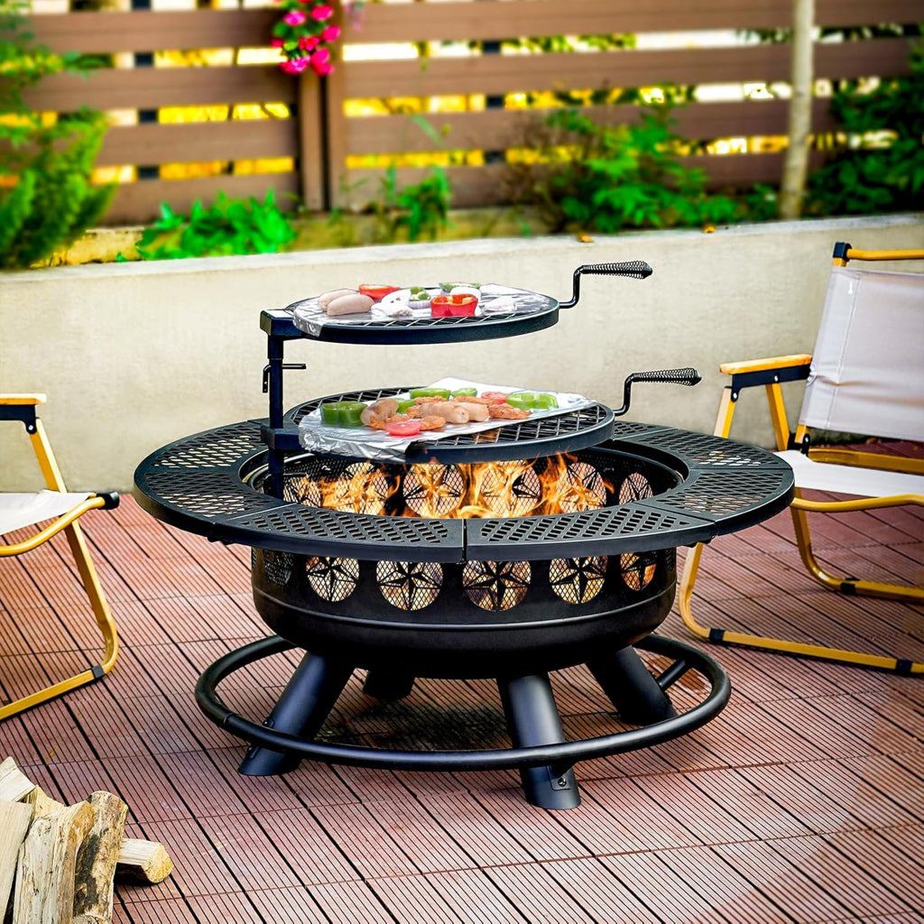36 Inch Fire Pit with 2 Cooking Grills,Outdoor Wood Burning BBQ Firepit with Lid, 3-In-1 Outdoor Fire Pit for Backyard Deck Bonfire Patio Picnic(Black)