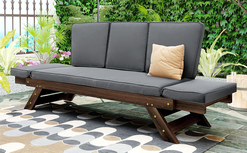 Outdoor Adjustable Patio Wooden Daybed Sofa Chaise Lounge with Cushions