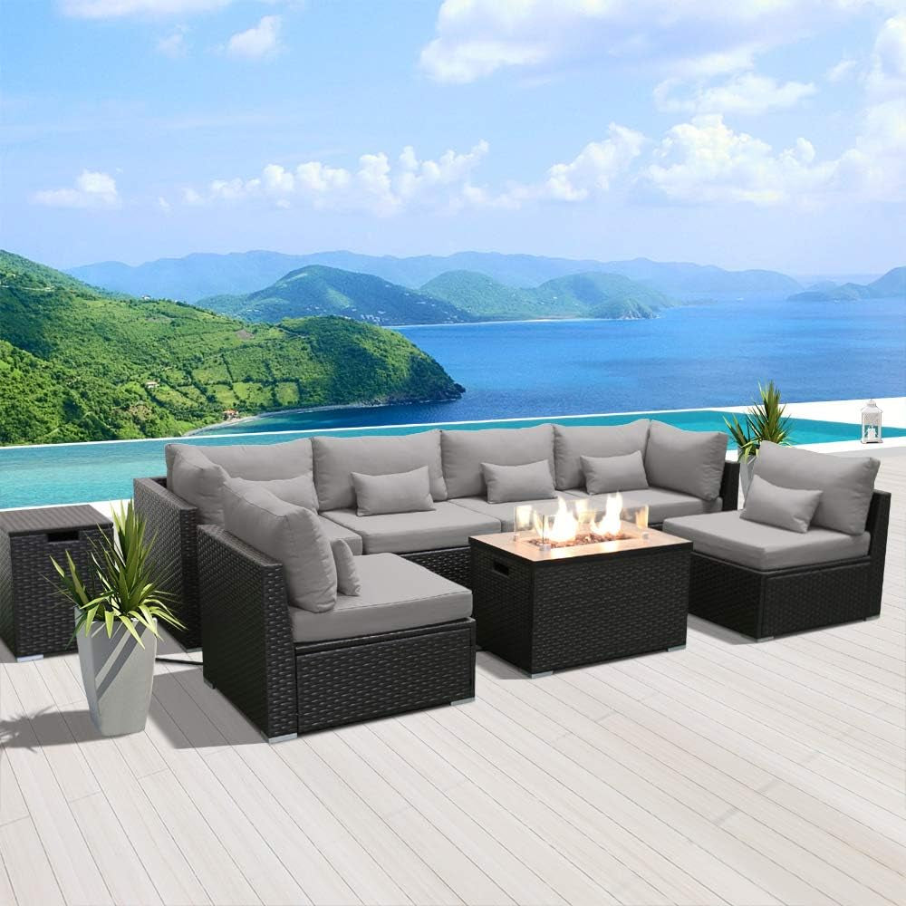 Outdoor Patio Furniture Set Wicker Rattan Patio Conversation Set with Fire Pit Table Sectional Sofa Set Seating Furniture with Thickened Cushion (Light Gray - Rectangular Fire Pit Table)