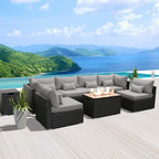 Outdoor Patio Furniture Set Wicker Rattan Patio Conversation Set with Fire Pit Table Sectional Sofa Set Seating Furniture with Thickened Cushion (Light Gray - Rectangular Fire Pit Table)