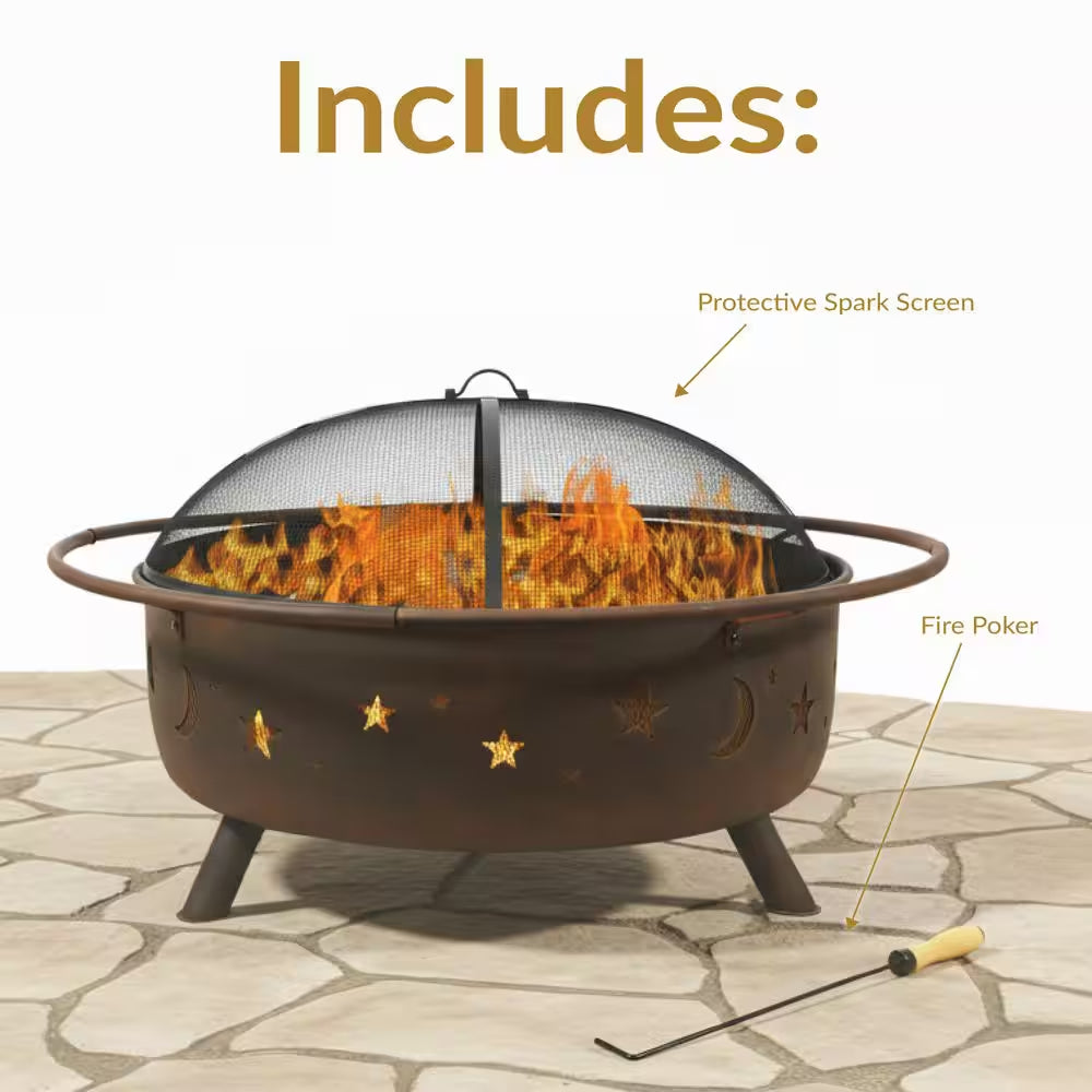 Cosmic 42 In. X 23 In. Large round Steel Wood Burning Fire Pit with Spark Screen