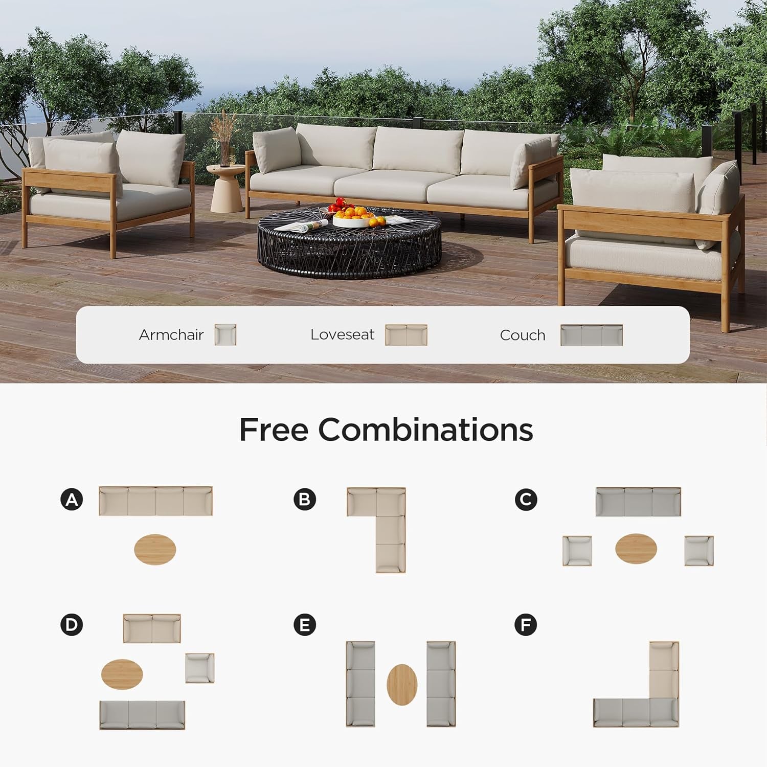 Modern Outdoor Patio Furniture Set, All-Weather Aluminium Conversation Sectional Sofa with Thick Cushions for Backyard, Garden, Porch, Armchair, Beige