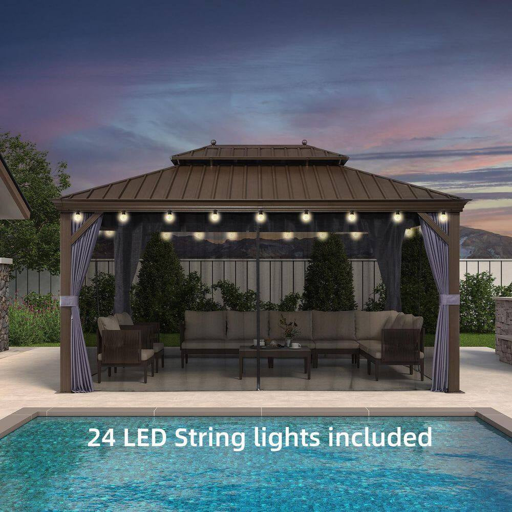 11 Ft. X 15 Ft. Bronze Patio Outdoor Gazebo for Backyard Hardtop Aluminum Frame Hooks, Netting, Blue Curtain, 24-Lights