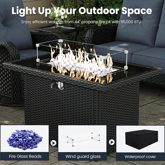 7-Pieces Outdoor Patio Furniture Sets with Single Chairs with 6-inch Thick Cushion and Fire Pit Table for Deck Lawn