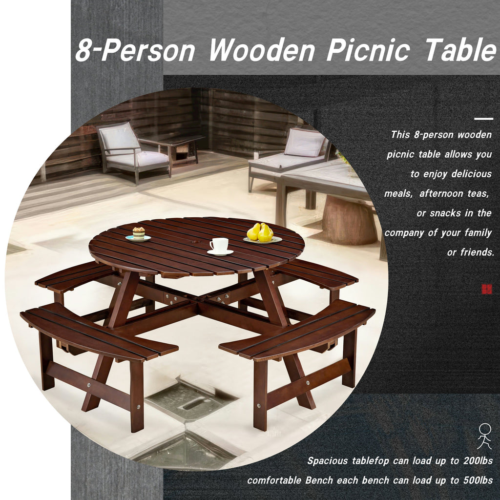 Outdoor 8- Person Round Picnic Table with Built-In Benches