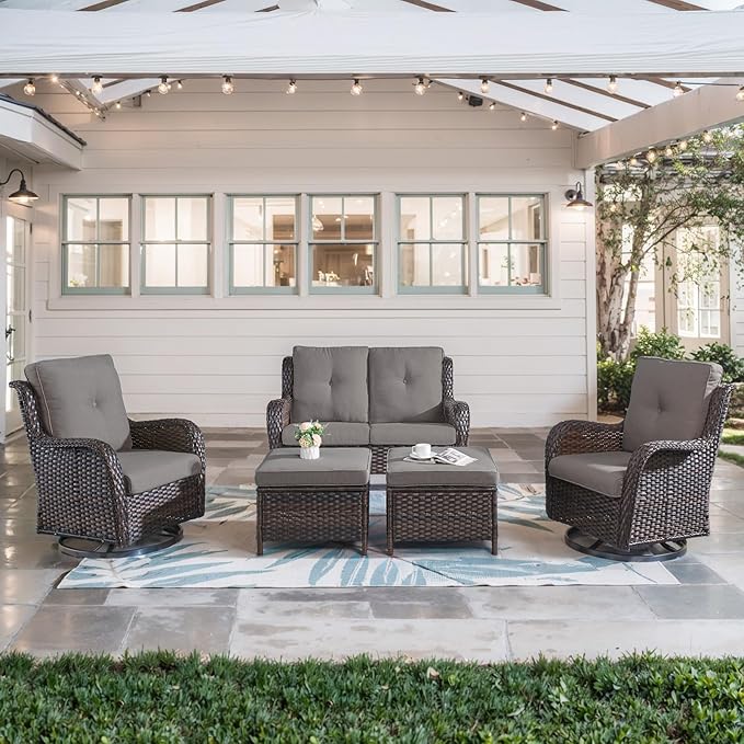 5-Piece Outdoor Patio Furniture Set - Wicker Furniture Patio Conversation Set, Outdoor Swivel Rocker Chairs with Loveseat Sofa and 2 Ottomans for Small Space, Gray Cushion