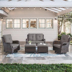 5-Piece Outdoor Patio Furniture Set - Wicker Furniture Patio Conversation Set, Outdoor Swivel Rocker Chairs with Loveseat Sofa and 2 Ottomans for Small Space, Gray Cushion