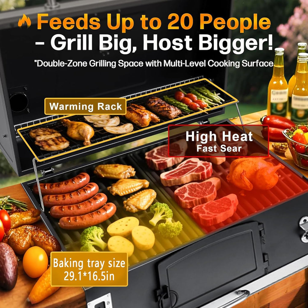 29 In Large Charcoal BBQ Grills, built-in barbecue grill with Liftable Tray, Insulated Hood & Temp Gauge, black Stainless Steel Charcoal BBQ barrel Grill for Outdoor Kitchen Camping park style