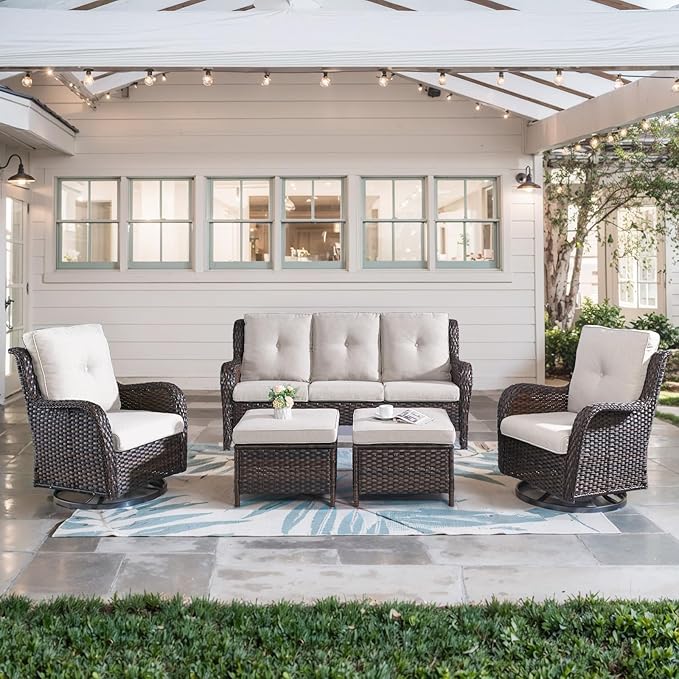 5-Piece Outdoor Patio Furniture Set - Wicker Furniture Patio Conversation Set, Outdoor Swivel Rocker Chairs with 3-Seater Sofa and 2 Ottomans for Small Space, Brown Wicker