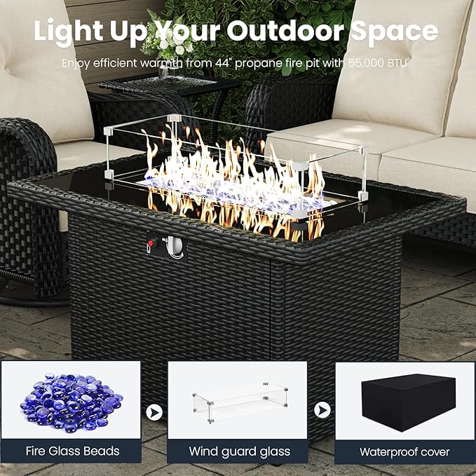 10-Pieces Outdoor Patio Furniture Sets with Rocking Swivel Chairs with 6-inch Thick Cushion and Fire Pit Table for Deck Lawn