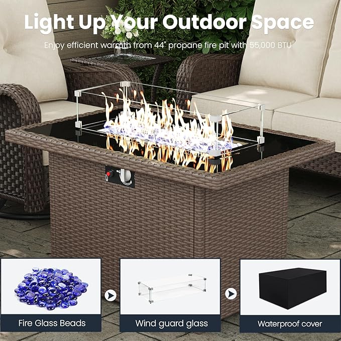 7-Pieces Outdoor Patio Furniture Sets with Single Chairs with 6-inch Thick Cushion and Fire Pit Table for Deck Lawn